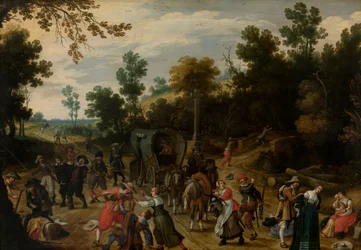 Paisaje con viajeros atacados por ladrones (óleo sobre tabla)