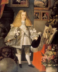 "Retrato de Carlos II de España (1661-1700) niño" Detalle. Pintura atribuida a Sebastián por Herrera Barnuevo (1619-1671). Siglo XVII.