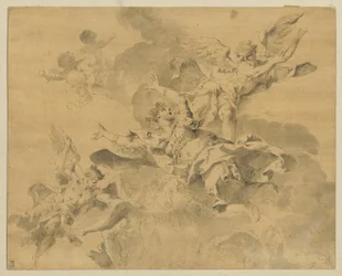 Una reina enviada al infierno por ángeles vengadores, c.1676-1746 (pluma, tinta y aguada sobre papel)