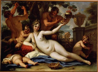 Bacchante et satyres (Bacchante y sátiros). Los sátiros recogen las uvas de la vid y sirven vino tinto a la bacante, un desnudo femenino reclinado. Pintura de Sebastiano Ricci (1659-1734), hacia 1713. Arte veneciano. Óleo sobre tela. Museo del Hermitage, S