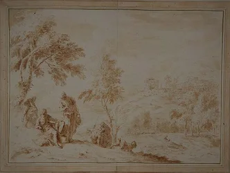 Paisaje pastoral extenso con ciudad en la colina, c.1720
