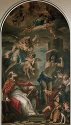 La Virgen en gloria con el Arcángel Gabriel, San Eusebio, San Sebastián y San Roque