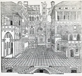 Escena mágica, diseño escénico teatral por Sebastiano Serlio, ilustración de Tratado de Arquitectura, Libro II