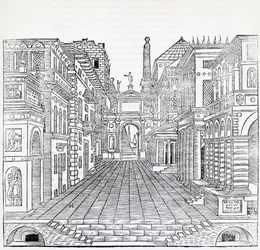 Escena mágica, diseño escénico teatral por Sebastiano Serlio, ilustración de Tratado de Arquitectura, Libro II