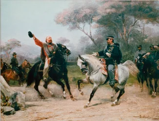 Giuseppe Garibaldi (1807-1882) se reúne con Vittorio Emanuele II (Victor Emmanuel) (Victor-Emmanuel) de Saboya en Teano el 26/10/1860. Pintura de Sebastiano De Albertis (1828-1897), siglo XIX, Milán, Museo del Risorgimento