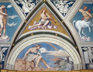 La Loggia della Galatea detalle de la decoración de la bóveda que representa a Juno en su carro y un violinista (detalle)