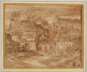 Paisaje clásico con edificios junto a un río