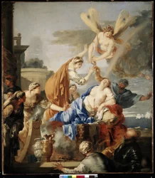 La muerte de Dido. Dido, reina de Cartago, incapaz de soportar el abandono de Eneas, prefiere quitarse la vida sobre una pira con la espada de Eneas. La diosa Iris corta el cabello de Dido con unas tijeras, símbolo del paso entre la v