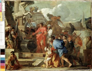 ""El emperador Augusto visita la tumba de Alejandro Magno durante su campaña en Egipto"" (Augusto ante la tumba de Alejandro Magno) Pintura de Sebastien Bourdon (1616-1671) 1650-1660 Dom. 45,5 x56,5 cm Museo del Hermitage, San Petersburgo