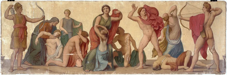 "La masacre de los niobíes", composición del atrio de la casa pompeyana del príncipe Napoleón, hacia 1860 (óleo sobre lienzo sobre madera)