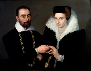 Retrato de una pareja. Ambos visten de negro, la mujer lleva un cuello de guipur. Pintura de la Escuela de Fontainebleau