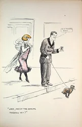 Pareja esperando a que un perro termine su negocio, c.1921