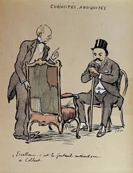 Coleccionista de arte rico inspeccionando una silla supuestamente propiedad de Colbert. c.1919