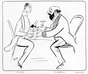 Caricatura de Nijuisky y Gabriel Astri en un café, dibujo de Sem (1863 - 1934).