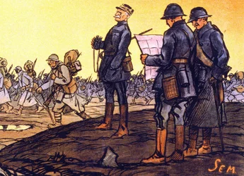 El general Ferdinand Foch (1851 - 1929) observa a sus tropas marchar por el campo de batalla. Detalle de un cartel para el empréstito nacional «Desde hace un último cuarto de hora... ¡ayudadme! Sem recibe las suscripciones al Empréstito Nacional»