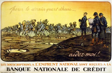 Cartel para el empréstito nacional «Por el último cuarto de hora... ¡ayudadme! Las suscripciones al empréstito nacional se reciben en el Banco Nacional de Crédito»: el general Ferdinand Foch (1851 - 1929) contempla a sus tropas marchando por el campo de