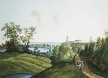 ""Paisaje con una granja en el parque en Tsarskoye Selo"" de Semyon Fyodorovich Shchedrin (Semion Chtchedrine) (1745-1804). Gouache y tinta sobre papel