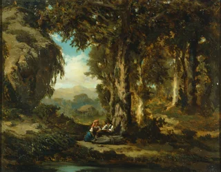 Figuras en madera, de Serafino De Tivoli (1826-1892), óleo sobre lienzo, 30x38 cm, Escuela de Barbizon
