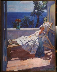 Una dama en el balcón - Pintura de Sergei Arsenyevich Vinogradov (1869-1938), óleo sobre lienzo
