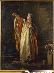 Mujer Boyar (boyar, boyar) en el tanque de peces de alimentación. (La esposa de Boyar en el embalse). Pintura de Sergei Ivanovich Gribkov (1820-1893), óleo sobre lienzo