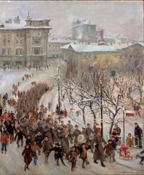Los hombres del Ejército Rojo. Desfile de las tropas de la Unión Soviética por las calles de una ciudad cubierta de nieve durante la Segunda Guerra Mundial (1939-1945), precedido por una banda de música y acompañado por niños alegres. Pintura de Sergei Iva