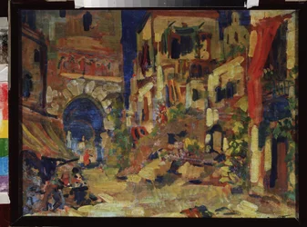 Vista de una calle. Decoración preparatoria para la ópera Don Quichotte de Jules Massenet (1842-1912). Pintura de Sergei Ivanovich Petrov (1881-1936), óleo sobre lienzo. Arte escenográfico ruso, siglo XX. Museo Estatal Central de Música M. Glinka, Moscú.