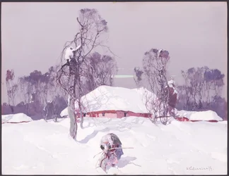 Anciana recogiendo leña en la nieve