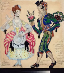 Costumes preparatoires pour la piece de theatre "Le mariage de Figaro" de Pierre Augustin Caron de Beaumarchais (1732-1799) (Diseño de vestuario para la obra de teatro Las bodas de Fígaro de Beaumarchais) - Oeuvre de Sergei Yurievich Sudeykin (Serge Soudei