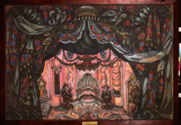 Decoración preparatoria de la obra "Las bodas de Fígaro" de Pierre Augustin (Pierre-Augustin) Caron de Beaumarchais (1732-1799). Obra de Sergei Yurievich Sudeykin (Serge Soudeikine) (1882-1946), gouache y témpera sobre cartón