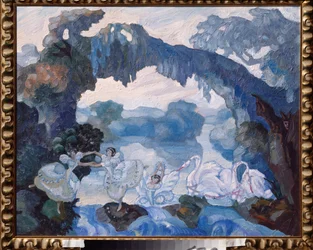 Escenografía del Ballet El Lago de los Cisnes de Tchaikovsky (1840-1893) - Por Sergei Sudeykin (Sergey Sudeikin) (1882-1946), óleo sobre tabla
