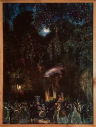 España (Escena de ocio, sociedad paseando por la calle al atardecer). Pintura de Sergei Yurievich Sudeykin (Sergei Sudeikin) (1882-1946), óleo sobre lienzo, ca. 1910. Arte ruso, siglo XX. Museo Estatal al Aire Libre de Historia, Arquitectura y Arte, Psko