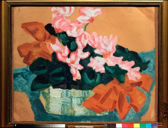 Flores, Naturaleza muerta - Obra de Sergei Yurievich Sudeykin (Serge Sudeikin) (1882-1946), óleo sobre cartón - Arte ruso, modernismo, art nouveau, siglo XX - Museo Estatal de Arte Unido, Kostroma (Rusia)