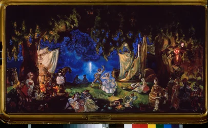 El resto de los actores. (Una compañía de teatro itinerante, cuyos miembros bailan, tocan música o se relajan en un claro del bosque a la luz de la luna). Pintura de Sergei Yurievich Sudeykin (Sergei Sudeikin) (1882-1946), óleo sobre lienzo