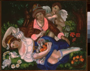 Escena alegórica (Una pareja de enamorados, rodeados de una pareja de palomas y Cupido tocando música). Pintura de Sergei Yurievich Sudeykin (Sergey Sudeikin) (1882-1946), óleo sobre lienzo, alrededor de 1910. Arte ruso, siglo XX, art nouveau, modernismo.