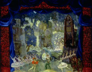 El parque frente al castillo, boceto para la escenografía de "El lago de los cisnes" de Tchaikovsky, representada en el Pequeño Teatro Dramático de San Petersburgo