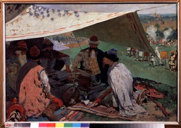 Convención de príncipes rusos. Reunión de príncipes de la dinastía Riourikid bajo una tienda en la Edad Media. Pintura de Sergei Vasilyvich Ivanov (1864-1910), óleo sobre lienzo