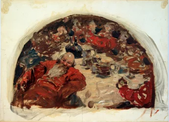 El tiempo de los problemas. Período de la historia rusa de 1598 a 1613, escena de bebida de hombres vestidos con trajes rojos. Obra de Sergei Vasilyevich Ivanov (1864-1910), óleo sobre cartón