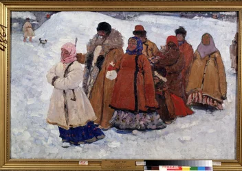 Una familia. Una familia rusa caminando con abrigos en la nieve. Pintura de Sergei Vasilyevich Ivanov (1864-1910), óleo sobre lienzo