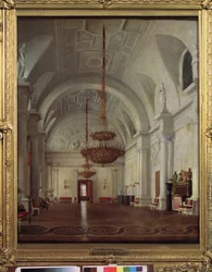 Vista del Salón Blanco del Palacio de Invierno de San Petersburgo. Pintura de Sergey (Sergei, Sergei) Konstantinovich Zaryanko (Zarianko) (1818-1870), óleo sobre lienzo. arte ruso