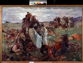 Bataille entre russes et tatars (Tartares) (La batalla entre rusos y tártaros). Pintura de Serguei Nikolayevich Arkhipov (1881-apres 1936). Huile sur toile