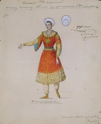 Diseño de vestuario para el ballet Tsarina Syuyumbeki por A. Blanche, 1832