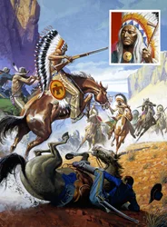 Escaramuza entre indios y soldados estadounidenses (gouache sobre papel)