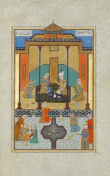 Bahram Gur en el Palacio de Sándalo el jueves, Folio 230 de un Khamsa, A.H. 931/A.D. 1524-25