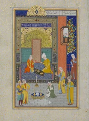 Bahram Gur en el Palacio Amarillo el domingo, Folio 213 de un Khamsa..., A.H. 931 A.D. 1524-25