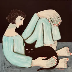 Mujer pensativa, gato negro