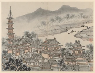Doce vistas de la colina del tigre, Suzhou: El salón de los mil budas y la pagoda del monasterio "Acantilado Nublado"