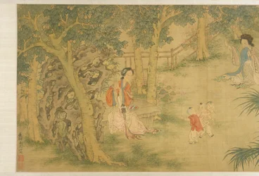 Mujeres y niños en un jardín (tinta y color sobre seda)
