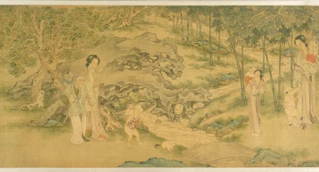 Mujeres y niños en un jardín (tinta y color sobre seda)