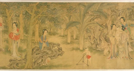 Mujeres y niños en un jardín (tinta y color sobre seda)