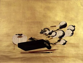 Inro, pinceles y cabezas de marionetas, japonesas